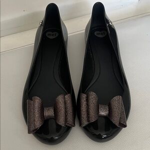 Melissa Black Jelly Flats with Sparkle Brown Bow size 8